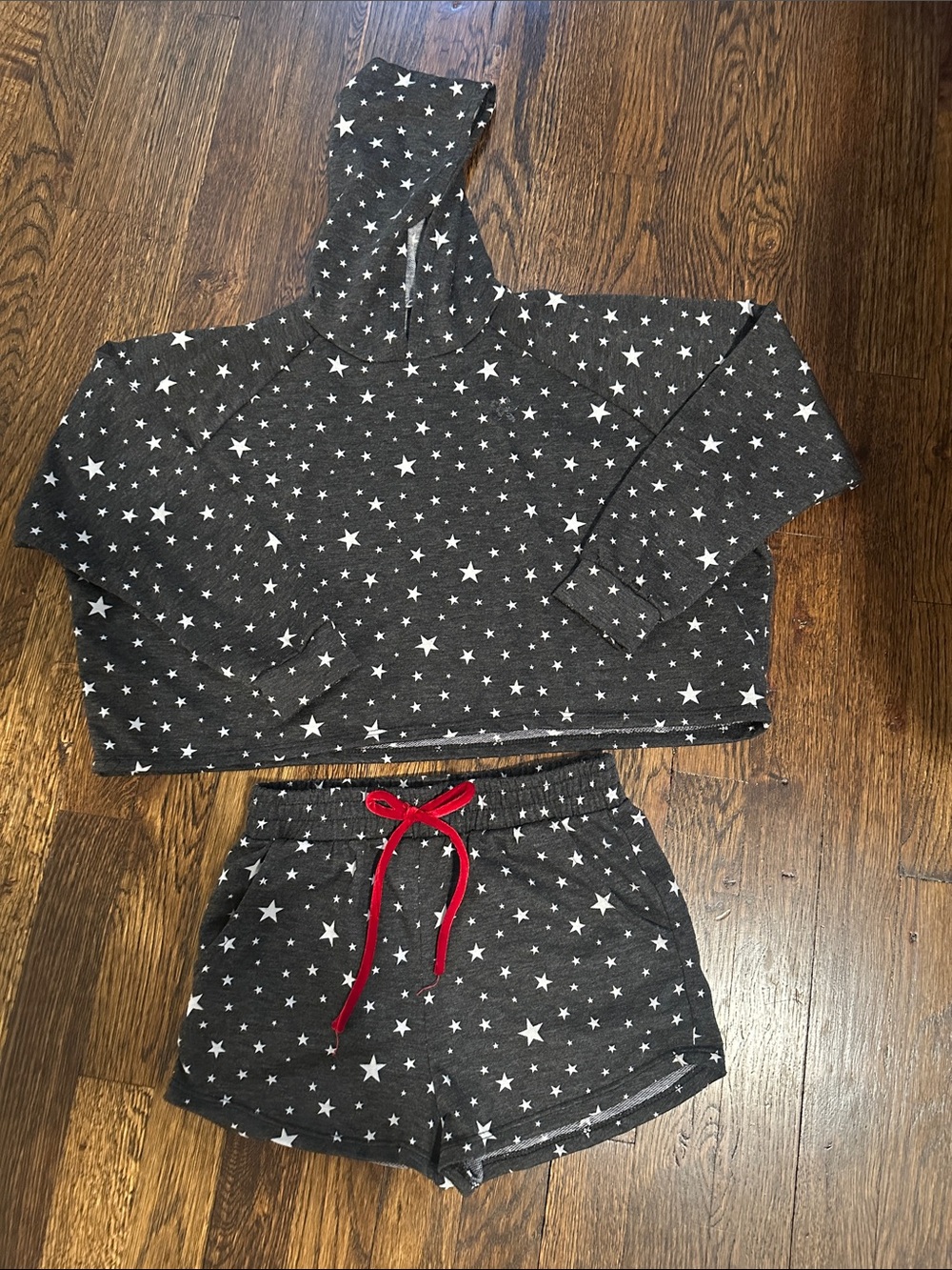 Star Print Hoodie & Shorts Loungewear Set - Charcoal with White Stars